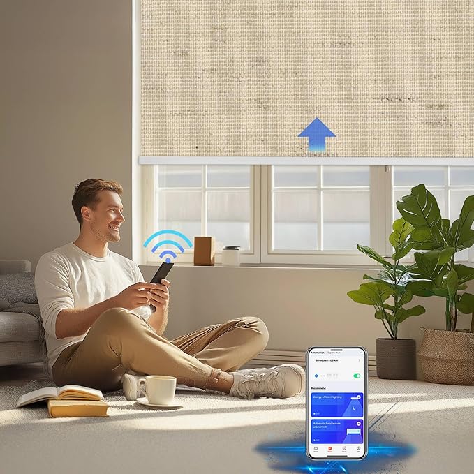 Motorized Blinds with Remote Cordless Automatic Motorized Shades Custom Blinds for Windows Smart Curtains Compatible with Alexa Google Home(Blackout Linen Soft Dunes,W69 x H72in)