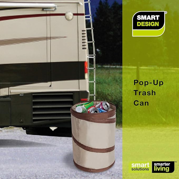 Smart Design Spiral Pop Up Trash Bin with Open Top - Easy to Clean Design - for Recyclables, Garbage, Paper Clutter, Trash Bin - Home - 9.5 x 13 Inch - Beige with Dark Brown Trim