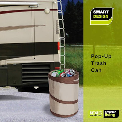 Smart Design Spiral Pop Up Trash Bin with Open Top - Easy to Clean Design - for Recyclables, Garbage, Paper Clutter, Trash Bin - Home - 9.5 x 13 Inch - Beige with Dark Brown Trim
