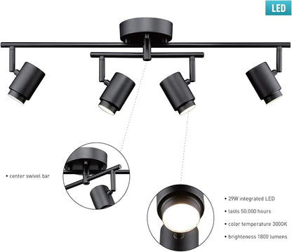 Globe Electric Walton 4-Light 29W Integrated LED Track Lighting, Matte Black, Swivel Center Bar, 1800 Lumens, 3000 Kelvin Warm White, 90 CRI