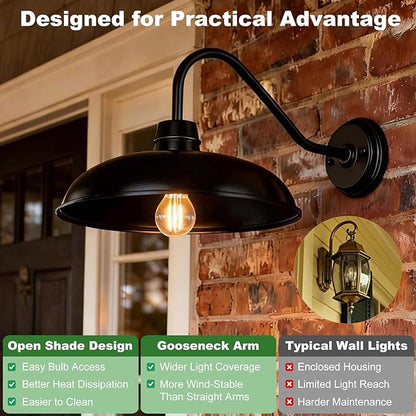 FILIYANO Gooseneck Barn Outdoor Light, 14 Inch 2-Pack Large Farmhouse Light Fixtures, Industrial Rustic Stain Black Waterproof Wall Mount Lamp for Garage Entryways Barn