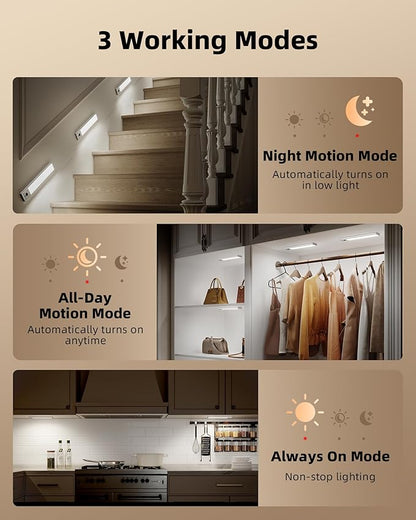 EZVALO 3-Pack Under Cabinet Lighting, 3300mAh Rechargeable Motion Sensor Light, 12inch Magnetic Closet Lights with Dimmable & 3 Color Temps, Wireless Motion Activated Lights with Remote for Kitchen