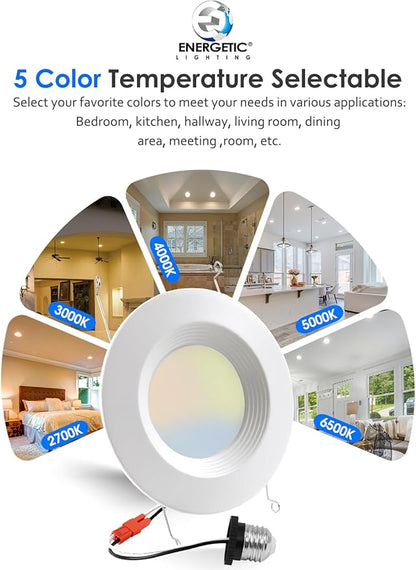 Energetic 12 Pack 5/6 Inch 5CCT LED Recessed Light Retrofit, 2700K/3000K/4000K/5000K/6500K Selectable, Dimmable Can Lights with Baffle Trim, 12W=150W, 1000LM, IC & Wet Rated, ETL & FCC Certified
