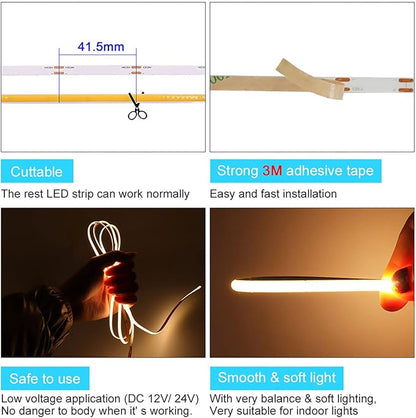 5mm Ultra Thin COB LED Strip 24V Ice Blue Color 16.4FT, RA>90 High CRI LED Tape Light, Cuttable Flexible, IP30 for Indoor House Kitchen Room Decor