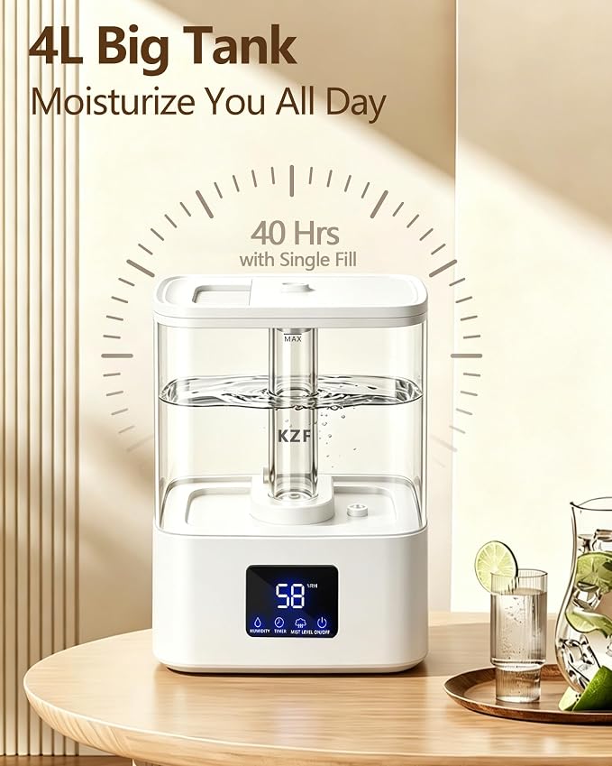 KZF 4L Top Fill Humidifiers for Bedroom & 40H Runtime - Cool Mist Humidifier, 3 Mist Levels, 8H Timer, Essential Oil Tray, Humidity Display, Quiet for Baby, Plants, Large Room (White, 4, Liters)