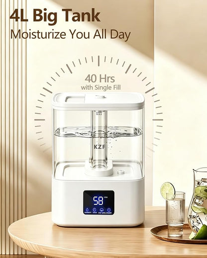 KZF 4L Top Fill Humidifiers for Bedroom & 40H Runtime - Cool Mist Humidifier, 3 Mist Levels, 8H Timer, Essential Oil Tray, Humidity Display, Quiet for Baby, Plants, Large Room (White, 4, Liters)