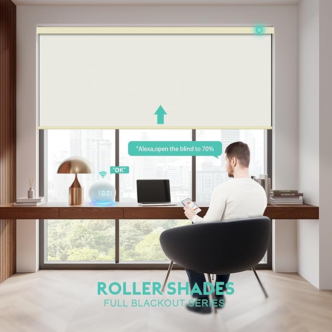 Motorized Blinds with Remote, Blackout Smart Automatic Electric Blinds for Indoor Windows, Cordless Motorized Roller Shades with Custom Size（Lvory Shimmer）