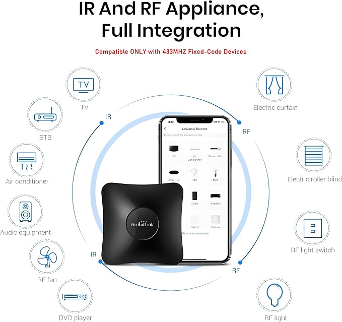 Broadlink Rm4 Pro Universal Remote with Sensor Cable,RF/IR Smart Remote | Fix Code 433MHz RF Smart Remote,38Khz IR Blaster for Home Automation, 2.4G WiFi Smart Home Hub Work with IFTTT