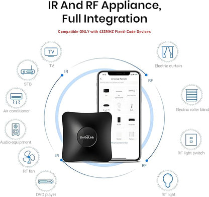 Broadlink Rm4 Pro Universal Remote with Sensor Cable,RF/IR Smart Remote | Fix Code 433MHz RF Smart Remote,38Khz IR Blaster for Home Automation, 2.4G WiFi Smart Home Hub Work with IFTTT