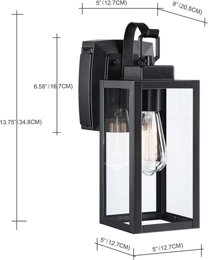 Pia Ricco Outdoor Porch Lights with GFCI Outlet, Matte Black Outside Wall Lantern with Clear Glass Shade, Waterproof Wall Mount Lighting Fixture, Exterior Sconce for House Patio Garage, ETL Listed
