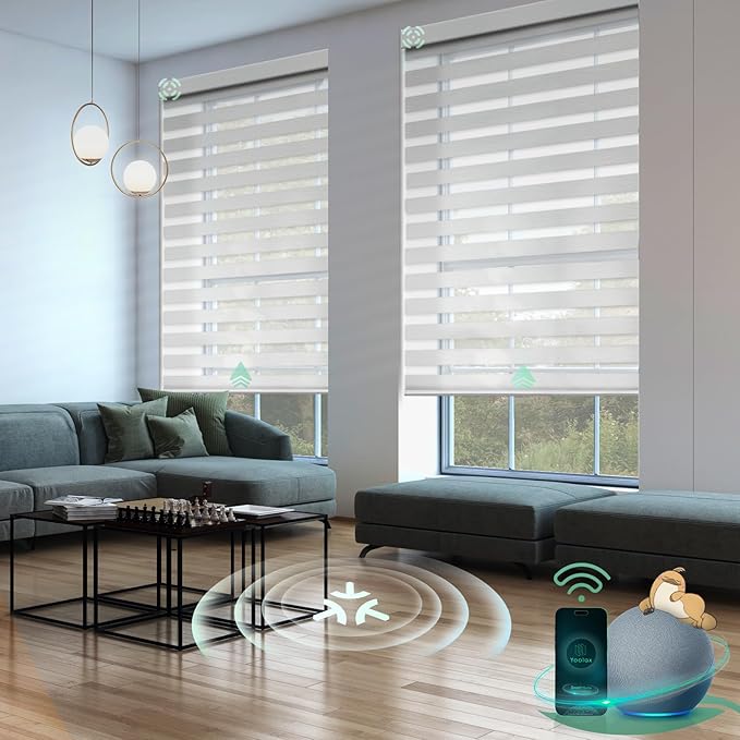 Yoolax Motorized Matter Zebra Blinds Compatible with Alexa, Google Home, Apple HomeKit, Room Darkening Smart Blinds, Light Control Horizontal Window Blind for Home (70% Shading Jacquard White)