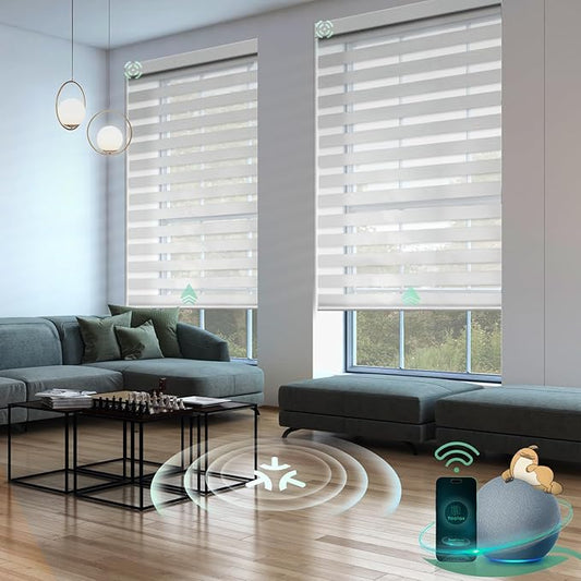 Yoolax Motorized Matter Zebra Blinds Compatible with Alexa, Google Home, Apple HomeKit, Room Darkening Smart Blinds, Light Control Horizontal Window Blind for Home (70% Shading Jacquard White)