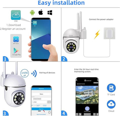 CKK 1080P Security Camera Outdoor Corded Power, 3 Pcs 2MP PTZ WiFi Home Camera (2.4G/5G Dual-Band), 360° Pan/Tilt, Color Night Vision, Motion Alerts, 2-Way Audio, Compatible with Alexa
