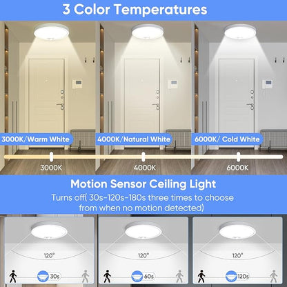 KEPLUG Wired Motion Sensor Ceiling Light Fixture-Motion Sensor Light Indoor 18W/1500LM,Closet Lights Motion Sensored Shower Light for Bathroom Hallway Stair Pantry Porch Garage 3 Color Temperature