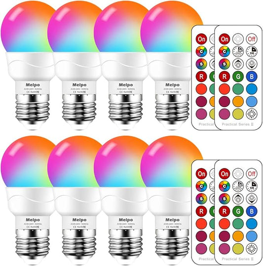 MELPO LED Color Changing Light Bulb with Remote Control, 5W 40W Equivalent, 500LM, 5700K,E26 Dimmable RGB Light Bulbs for Birthday Party/KTV Decoration/Household/Bar/Wedding (Pack of 8)