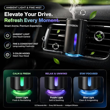 Car Air Freshener - Smart Adjustable 3-Speed Intensity, Rechargeable Humidifier Car Essential Oil Diffuser - Comes with 8 Bottles of 10ml Perfume (Black)