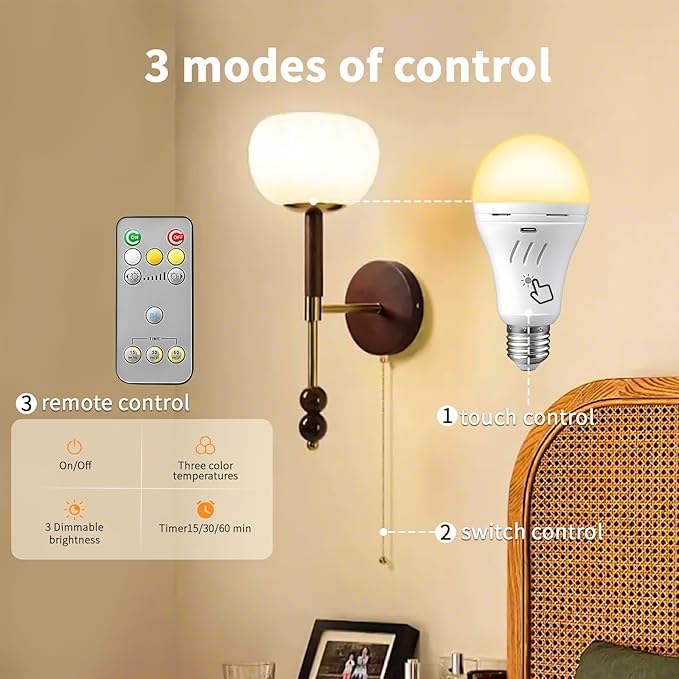 A19 Rechargeable Light Bulbs with Remote,USB & E26 Socket Dual Charging,3 Colors LED Dimmable,Touch,Hardwired & Non-Wired, Battery Operated Backup Light Bulb for Power Outage Camping Outdoor Hurricane
