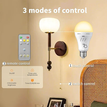 A19 Rechargeable Light Bulbs with Remote,USB & E26 Socket Dual Charging,3 Colors LED Dimmable,Touch,Hardwired & Non-Wired, Battery Operated Backup Light Bulb for Power Outage Camping Outdoor Hurricane