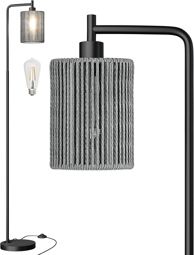 Oneach 66" Black Floor Lamp for Living Room, Boho Floor Lamp with LED Bulb, Foot Switch, Gray Rattan Shade, Industrial Tall Farmhouse Standing Lamp for Bedroom, Dining Room, Study Room, Office
