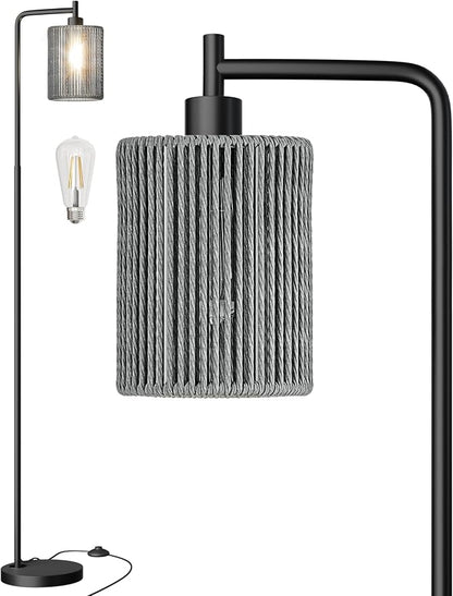 Oneach 66" Black Floor Lamp for Living Room, Boho Floor Lamp with LED Bulb, Foot Switch, Gray Rattan Shade, Industrial Tall Farmhouse Standing Lamp for Bedroom, Dining Room, Study Room, Office
