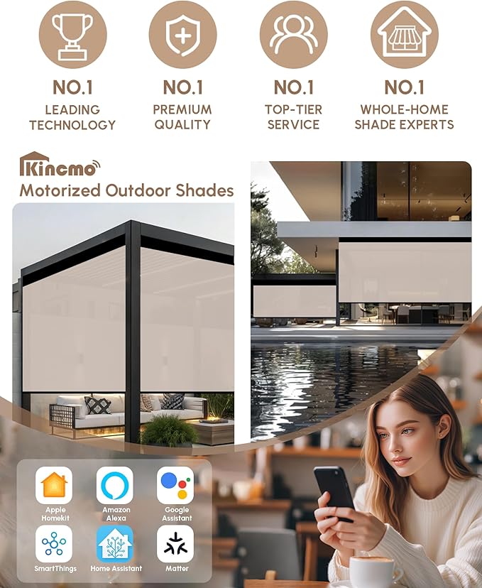 Kincmo Motorized Outdoor Shades for Patio Porch, Custom Outdoor Motorized Blinds with Remote, Waterproof & Windproof Patio Shades Work with Apple Homekit,Alexa,Google (1% Openness Beige)