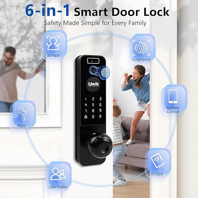 UMIKSMART Video Smart Door Lock with Camera, 3D Face Recognition & Fingerprint, WiFi Keyless Entry Deadbolt, Doorbell, Keypad, Tuya App Control for Home & Apartment, Black