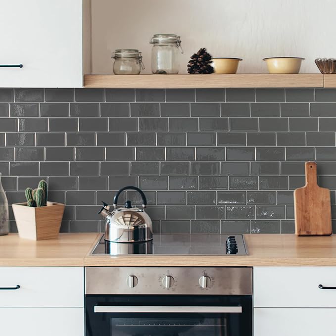 Smart Tiles Peel and Stick backsplash, Subway Charcoal Gray, 11.55"x8.38" | Pack of 5 (2.8 sq ft), Glossy, Heat/Moisture Resistant, Low VOC, Kitchen/Bathroom, Renter Friendly, Made in Canada