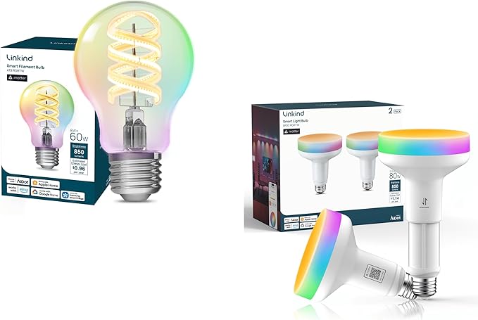 Linkind A19 Smart Edison Bulb 1 Pack & Matter BR30 Smart Light Bulbs with Stretchable Design 2 Pack