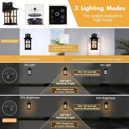 2 Pack Outdoor Motion Sensor Porch Light, Black Exterior Wall Lantern Lighting Fixtures,Dusk to Dawn Outdoor Wall Lights, Waterproof Front Porch Light Outside for Garage, Patio,House.