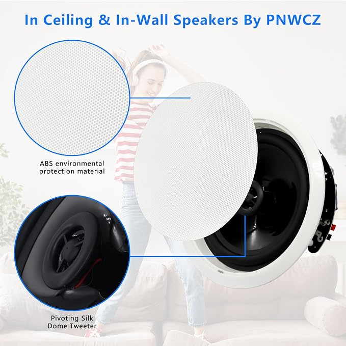 6.5'' Bluetooth in Ceiling Speakers with Wall Amplifier Receiver 600W Flush Mount Ceiling & in-Wall Speaker System for Home Theater Office Bathroom Living Room Kitchen(2Pairs)