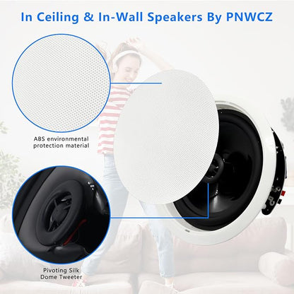 6.5'' Bluetooth in Ceiling Speakers with Wall Amplifier Receiver 600W Flush Mount Ceiling & in-Wall Speaker System for Home Theater Office Bathroom Living Room Kitchen(2Pairs)