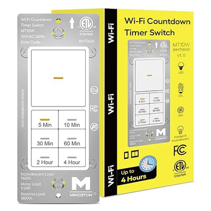 Minoston Countdown Timer Switch, WiFi Timer Switch for Bathroom Fans and Lights, 10-20-30-60 min/2-4 Hour, Neutral Wire Needed, 15A, 1/2HP/120VAC, ETL Listed, White (MT10W)