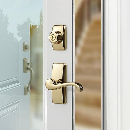Ideal Security GL Door Lever Set with Keyed Deadbolt Lock for Storm and Screen Doors, Bright Brass (4-Piece Set)