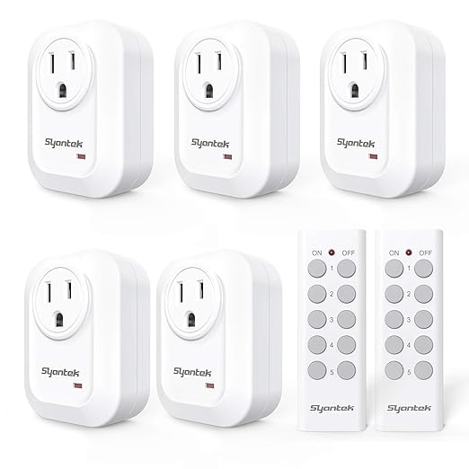 Syantek Upgraded Remote Control Outlet Wireless Light Switch for Household Appliances, Expandable Remote Light Switch Kit, Up to 100 ft Range, FCC Certified, ETL Listed, White (5 Outlets + 2 Remotes)