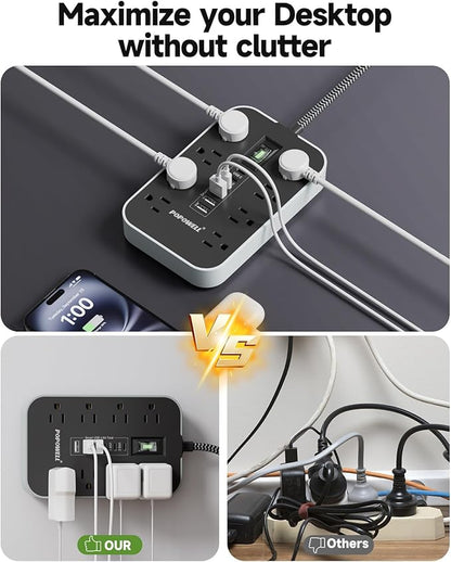 Power Strip Surge Protector- 5FT Flat Plug Extension Cord, 8 AC Outlet& 6 USB Ports(3 USB C), 1080 J Surge Protection, Desk Charging Station, Overload Switch, Home, Office, Gaming Room Essentials.