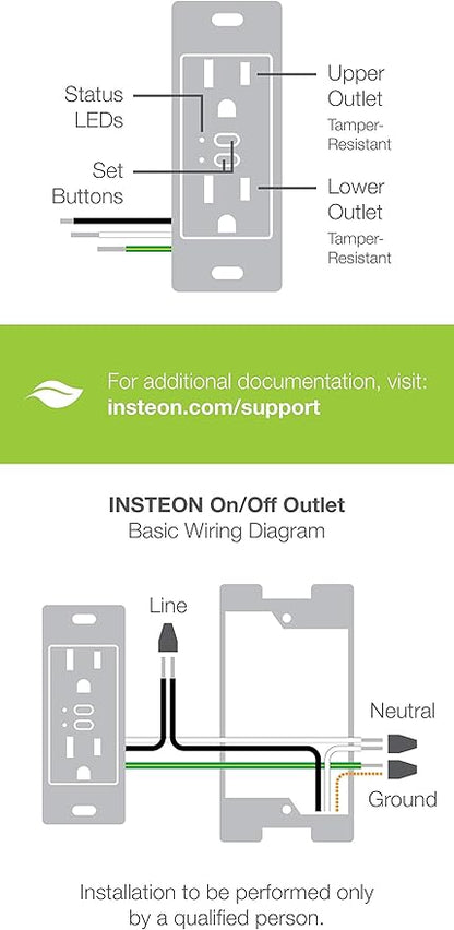 Insteon Smart Dual On/Off Wall Outlet, Top & Bottom Outlets Independently Controllable, 2663-222 (White) - Insteon Hub required for voice control with Alexa & Google Assistant
