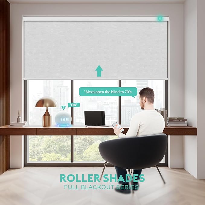Motorized Blinds with Remote, Blackout Smart Automatic Electric Blinds for Windows Compatible with Alexa Homekit, Cordless Indoor Motorized Roller Shades with Custom Size（Moonbeam Lace）