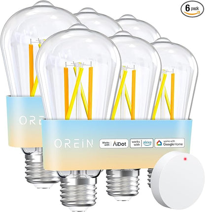 OREiN Smart Edison Light Bulbs with Smart Button, WiFi ST19(58) Vintage Light Bulbs E26 Base, 800lm Dimmable 2700K-6500K Tunable White, Smart Filament Bulb That Work with Alexa, 60W Equivalent, 6Pack