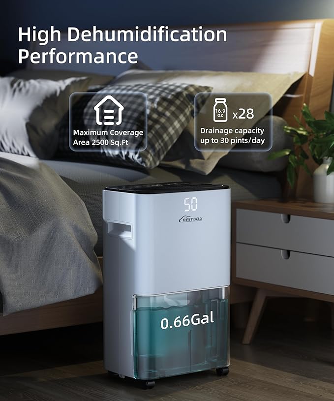 34 Pint Dehumidifier for Basement with Drain Hose & 0.66 Gallon Water Tank, Manual & Auto Drainage, Smart Quiet Dehumidifiers for Home with Auto Shut off, 24HR Timer