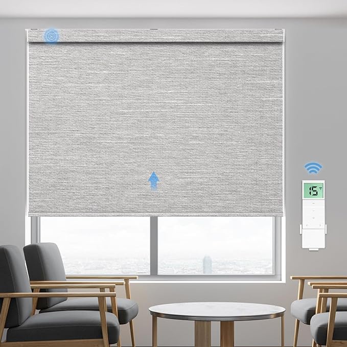 Tokblind Motorized Blackout Roller Shade Fabric Covered Valance and Bottom Rod, Remote Control Electric Window Blind Compatible with Alexa Google via Hub, Custom Size (Texture Grey - Wrapped Fabric)