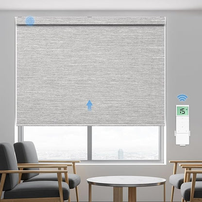 Tokblind Motorized Blackout Roller Shade Fabric Covered Valance and Bottom Rod, Remote Control Electric Window Blind Compatible with Alexa Google via Hub, Custom Size (Texture Grey - Wrapped Fabric)