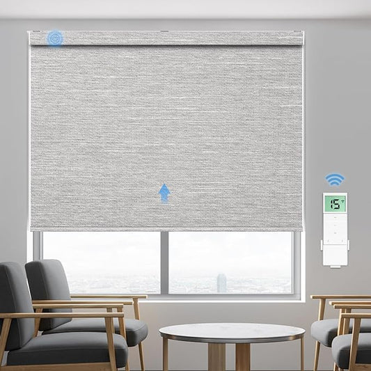 Tokblind Motorized Blackout Roller Shade Fabric Covered Valance and Bottom Rod, Remote Control Electric Window Blind Compatible with Alexa Google via Hub, Custom Size (Texture Grey - Wrapped Fabric)