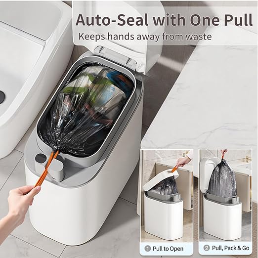 Bathroom Trash Can with Lid, 3.5 Gallon Small Automatic Motion Sensor Garbage Bin with Auto Bag Suction & One-Pull Self Sealing, Slim Smart Touchless Waste Basket for Bedroom, Office, Kitchen, Rv