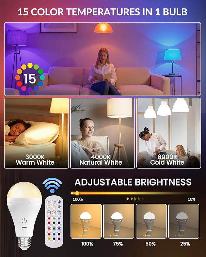 E26 Rechargeable Led Light Bulbs with Remote, 15 Colors Dimmable E26 Battery Operated Light Bulb with Timer, Emergency Rechargeable Light Bulbs, Up to 35 Hours, 2 Packs