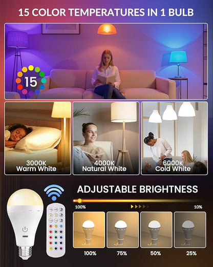 E26 Rechargeable Led Light Bulbs with Remote, 15 Colors Dimmable E26 Battery Operated Light Bulb with Timer, Emergency Rechargeable Light Bulbs, Up to 35 Hours, 2 Packs