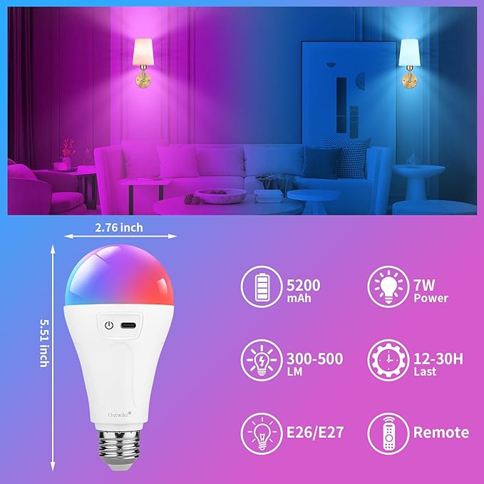 5200mAh Rechargeable Light Bulbs for Lamps,Led Battery Backup Light Bulb with Remote Control, 4 Pack A21 Wireless Emergency Bulbs for Power outage,Dimmable 3 Color Temperatures & 12 RGB Color Changing