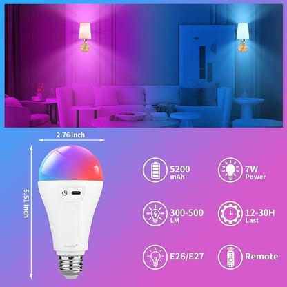 5200mAh Rechargeable Light Bulbs for Lamps,Led Battery Backup Light Bulb with Remote Control, 4 Pack A21 Wireless Emergency Bulbs for Power outage,Dimmable 3 Color Temperatures & 12 RGB Color Changing