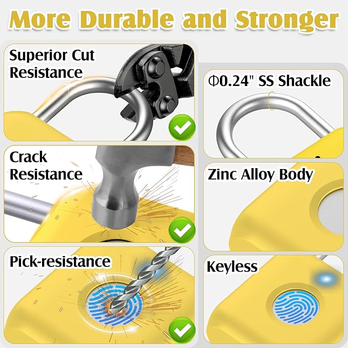 Pothunder Fingerprint Padlock, Smart Padlock, Locker Lock, Fingerprint Lock with APP Unlock, USB Rechargeable, Suitable for Gym Locker, Locker(Lemon Yellow)