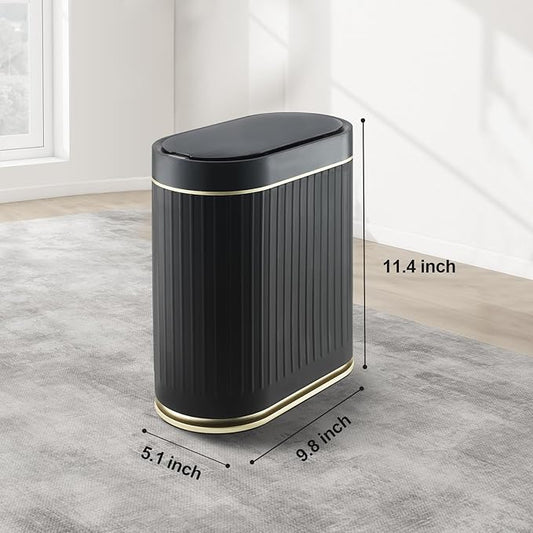 ELPHECO Bathroom Trash Can 2 Gallon Plastic Smart Garbage Can Waterproof Wastebasket Bathroom Decor Narrow Garbage Bin with Automatic lid for Bedroom, Kitchen, Office, Black Gold