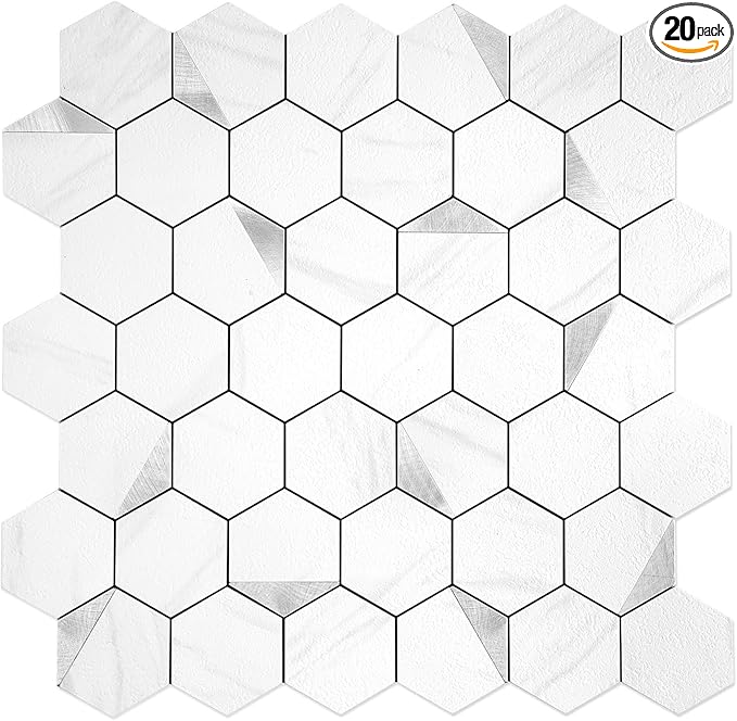 20-Sheet Hexagonal Peel and Stick Backsplash, Jazz White Kitchen Backsplash Wall Tiles, Stone Surface Waterproof Stick on Tile for Bathroom, RV, Fireplace